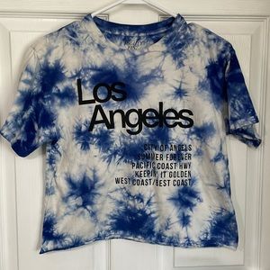 Mighty Fine women short sleeved shirt. Navy blue and white tie dyed shirt.